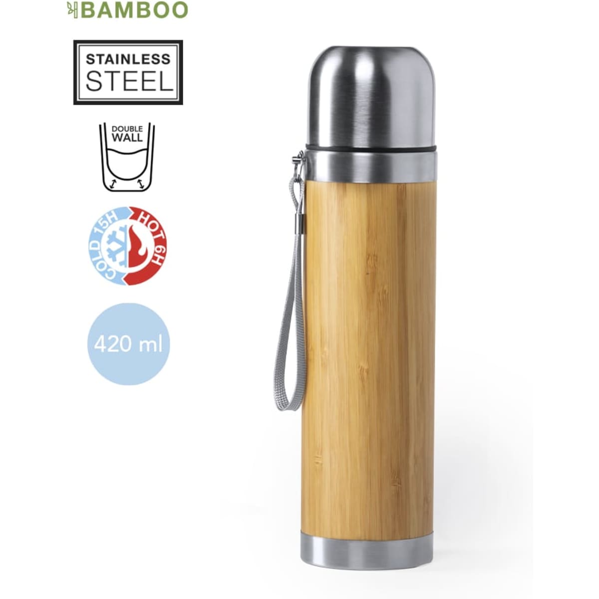 A drink bottle featuring a bamboo exterior and stainless steel top, with a strap for easy carrying. Holds 420 ml.