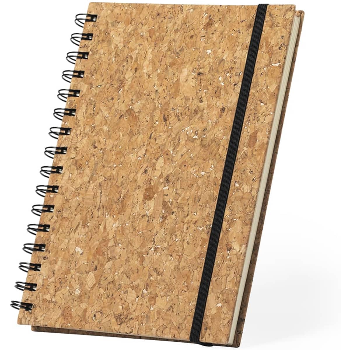 A cork-covered notebook with spiral binding and a black elastic band, featuring a natural, textured finish.