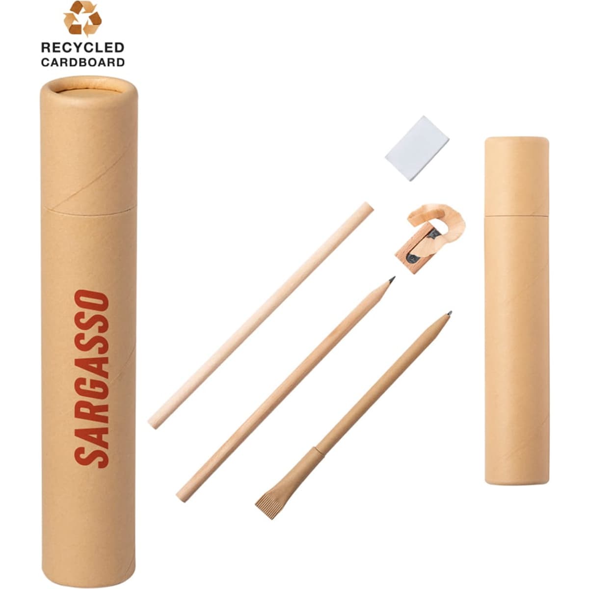 A cylindrical cardboard tube containing a ruler, a mechanical pencil, a wooden pencil, and a sharpener. The tube has a logo.