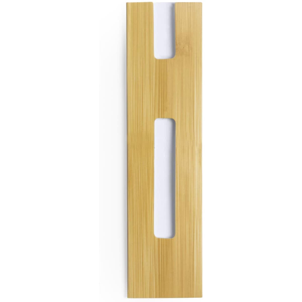 A bamboo pen pouch with two cut-out slots and a smooth finish, featuring a natural wood colour.