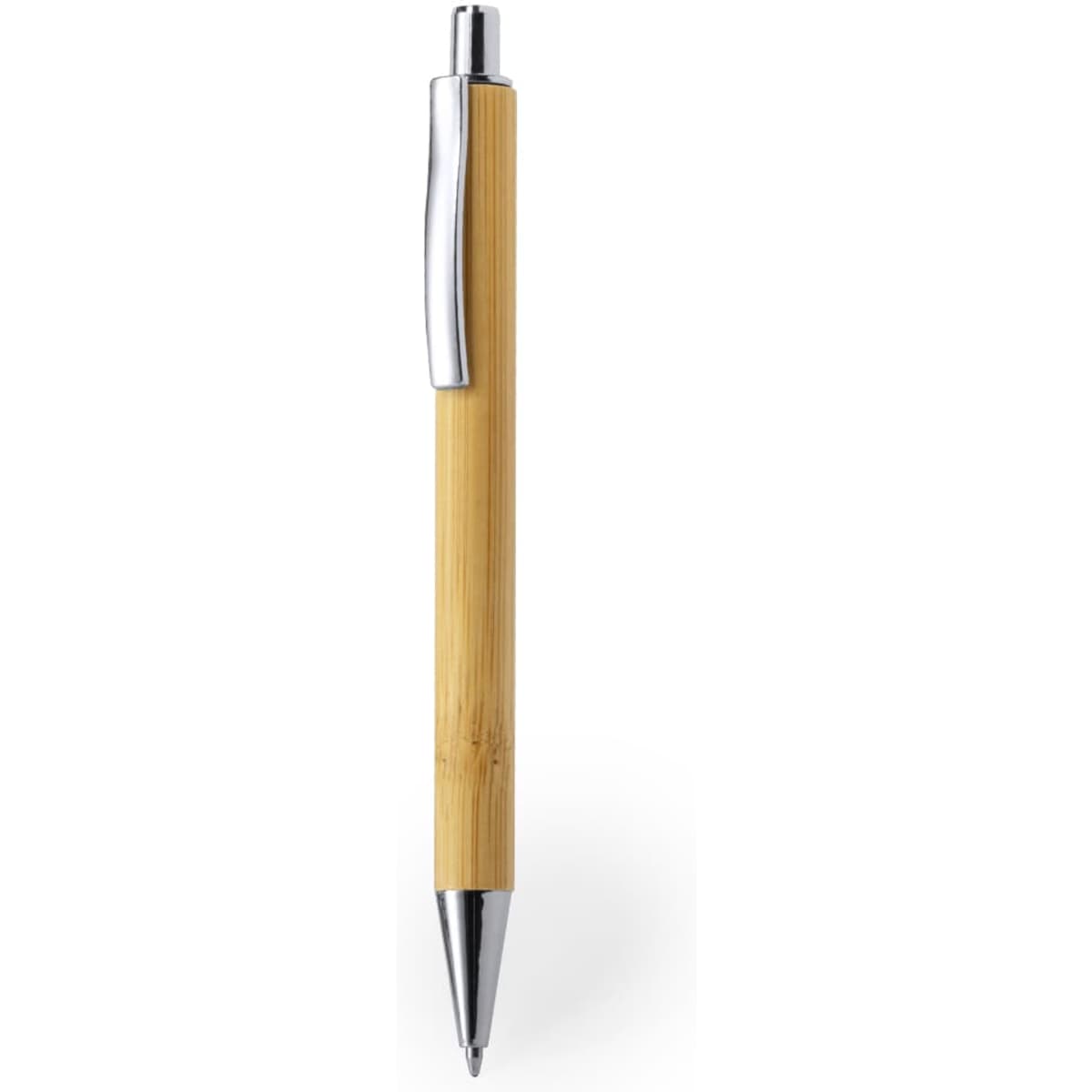 A wooden pen in a natural finish with a chrome clip and tip, featuring a sleek design.