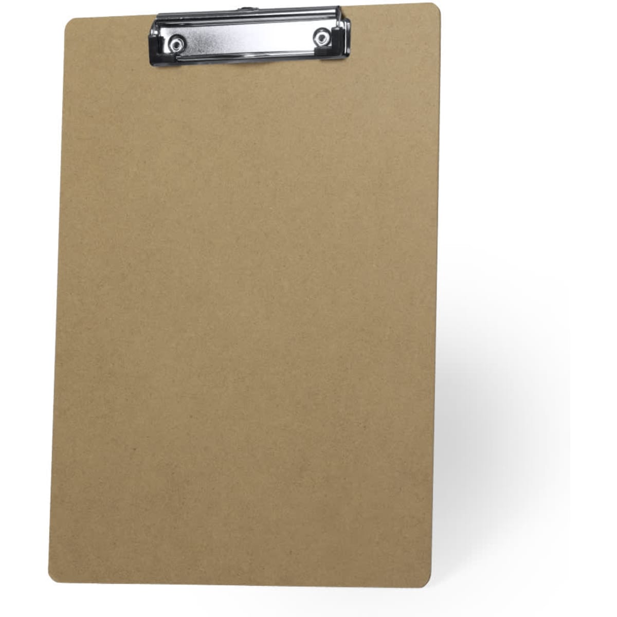 A brown clipboard with a silver metal clip, designed for holding papers securely.