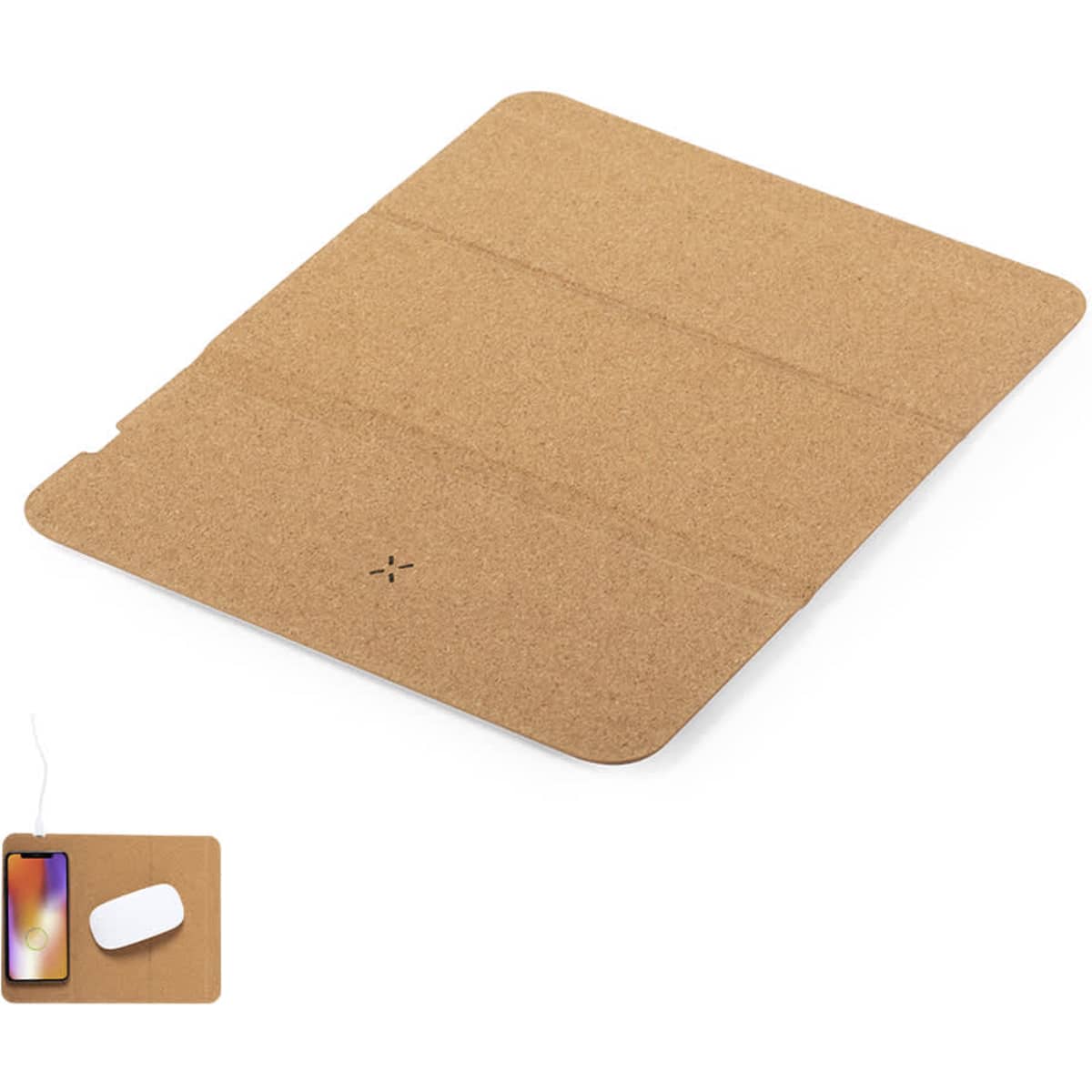 A wireless charger in a tan cork finish, featuring a logo, with a sleek, flat design for phone and device charging.
