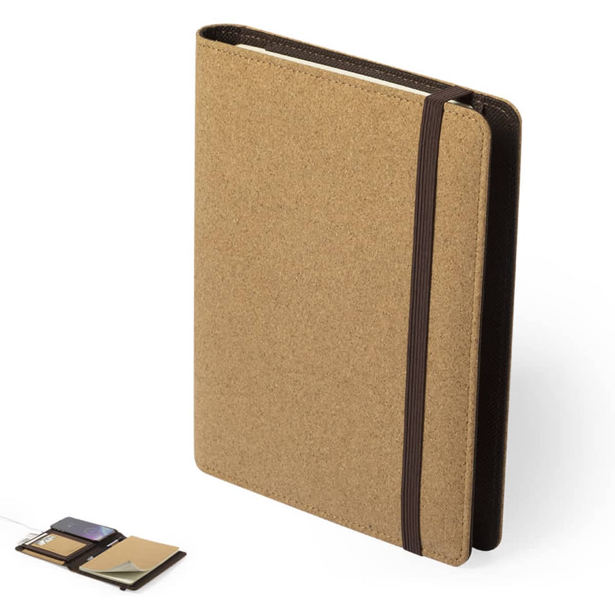 A brown and tan notebook with an elastic band closure, accompanied by a small cardholder.