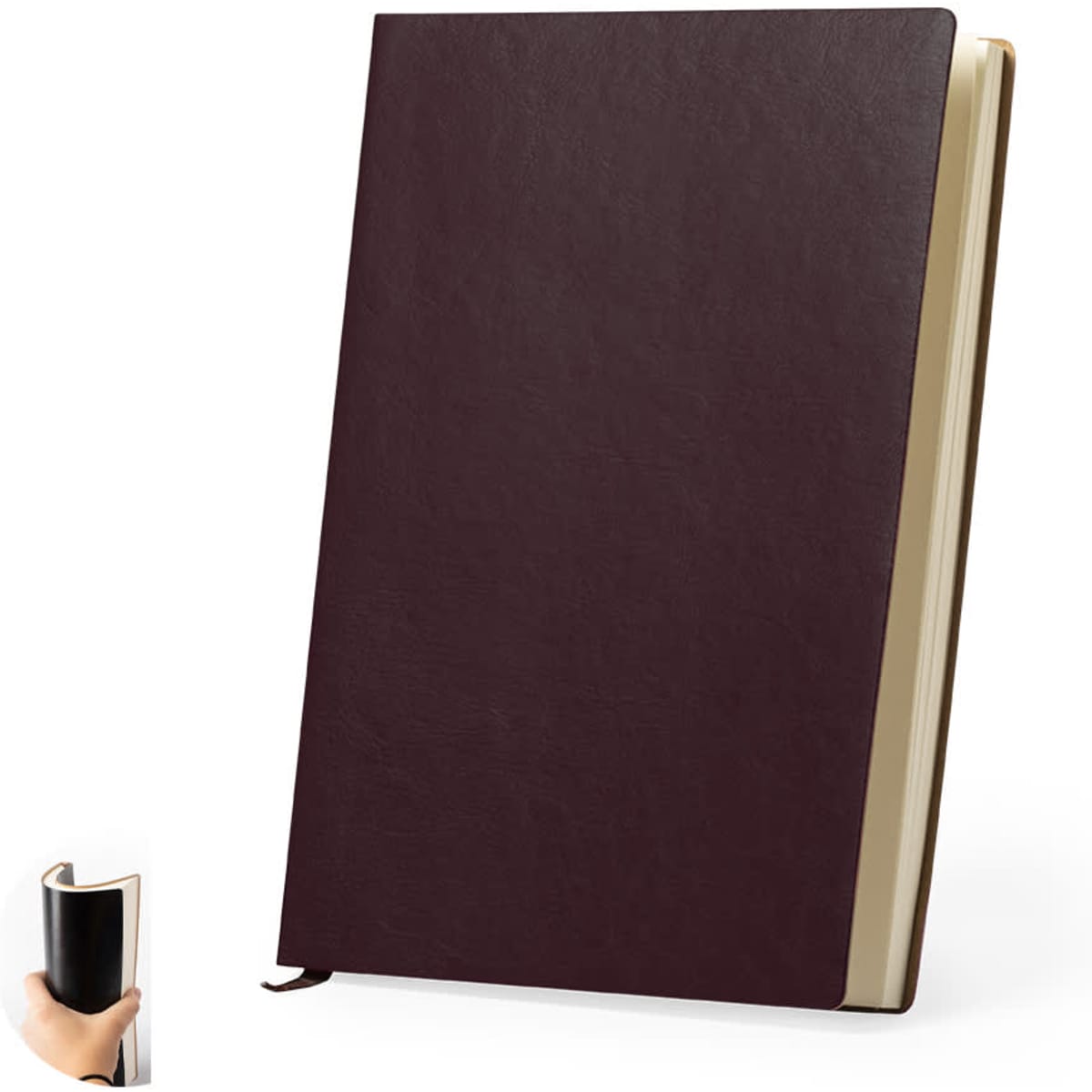 A maroon notebook with a textured cover and white pages, featuring a ribbon bookmark and a logo on the front.