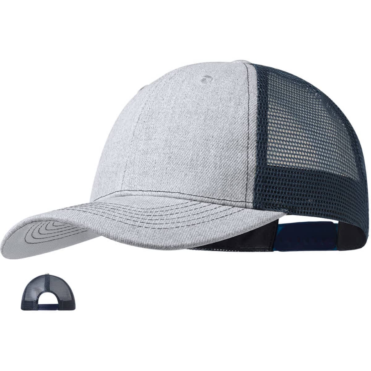 A grey cap with a mesh back, featuring a curved brim and an adjustable strap. It has a logo on the front.