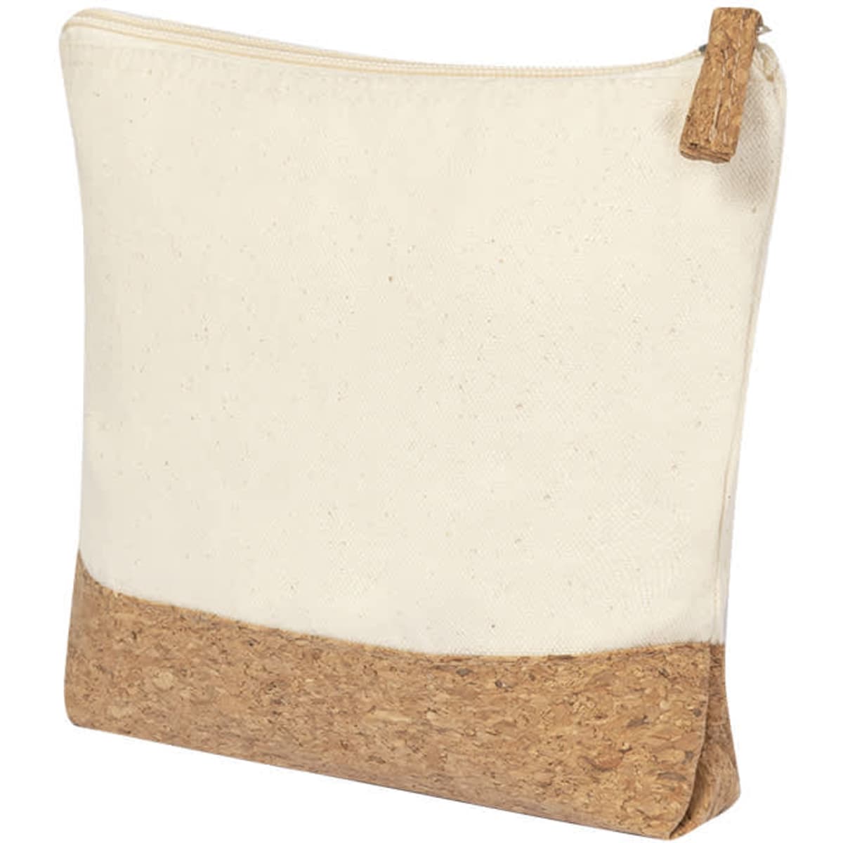 A beige toiletry bag with a cork base, featuring a zipper closure and a small tab. It has a simple, minimal design.