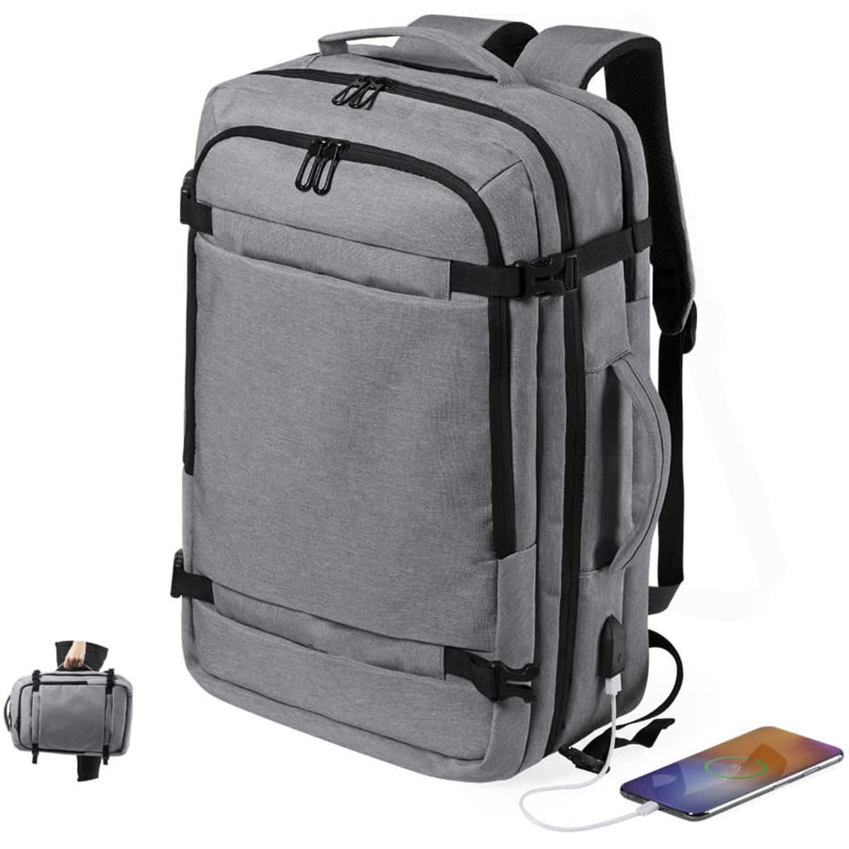 A grey backpack with multiple compartments, adjustable straps, and a side pocket for a charging cable.