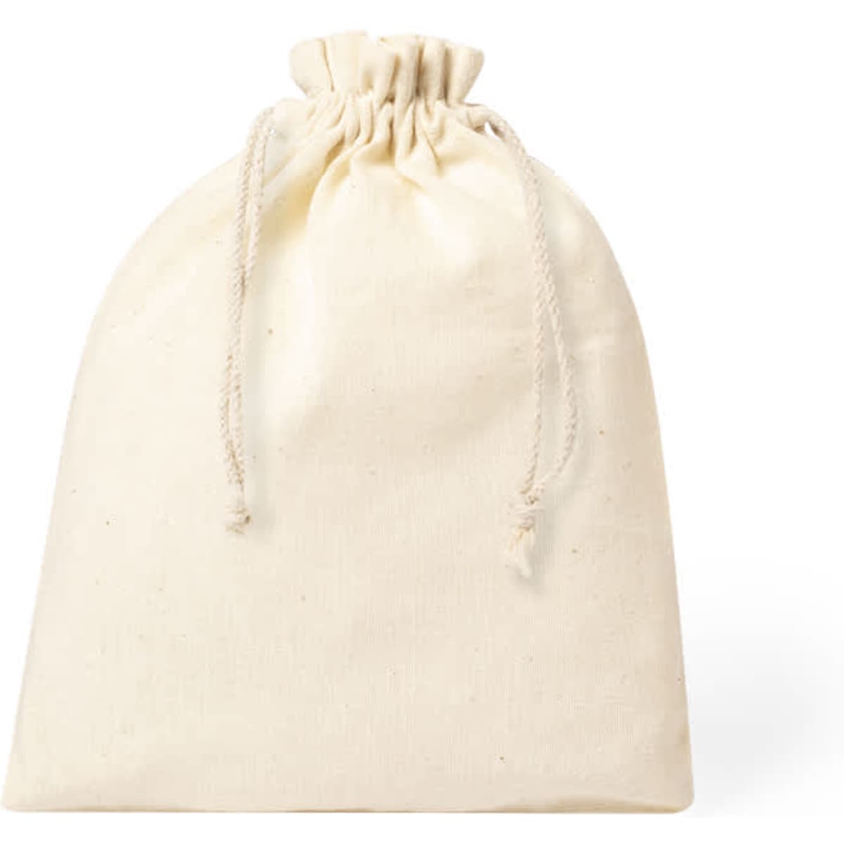 A cream-coloured drawstring bag made of fabric, featuring a natural-toned decorative cord.