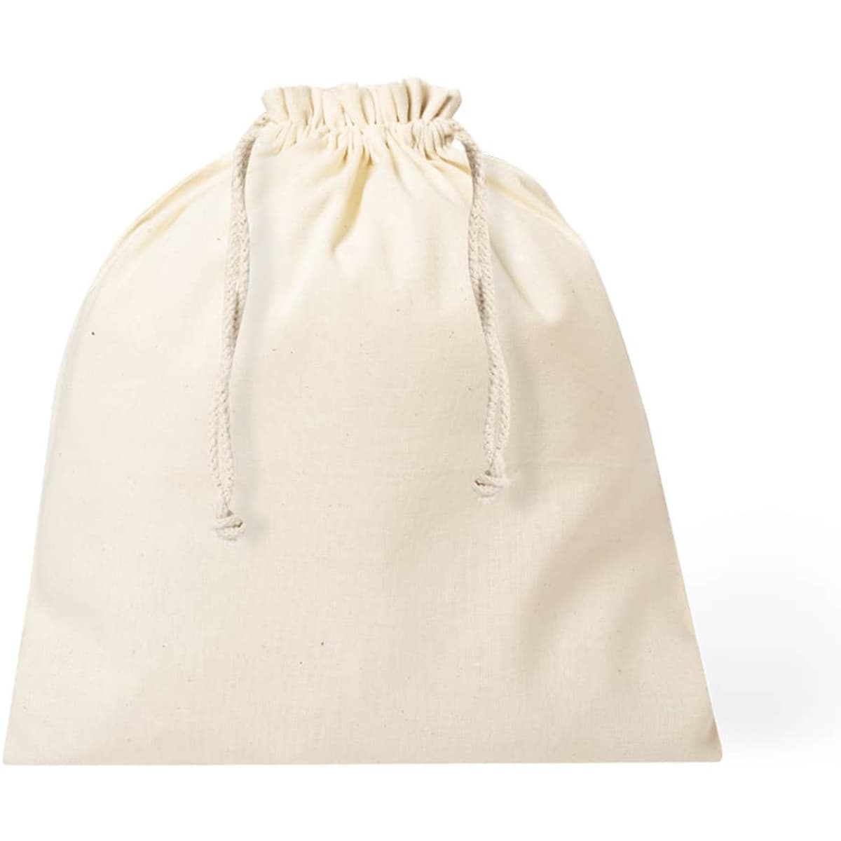 A drawstring bag in a light beige colour with a cinched top and natural twine drawstrings.