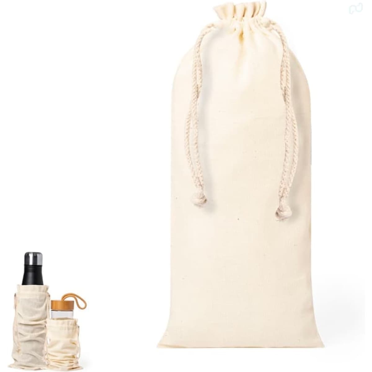 A cream drawstring bag with two smaller pouches, one holding a drink bottle and the other a wooden item.