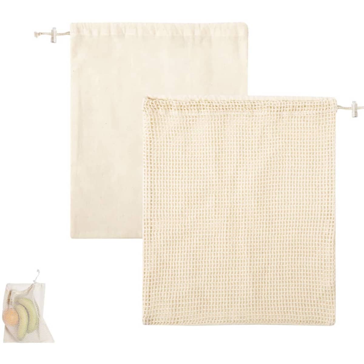 A set of cream-coloured bags, one smooth and one with a mesh design, both with drawstring closures.