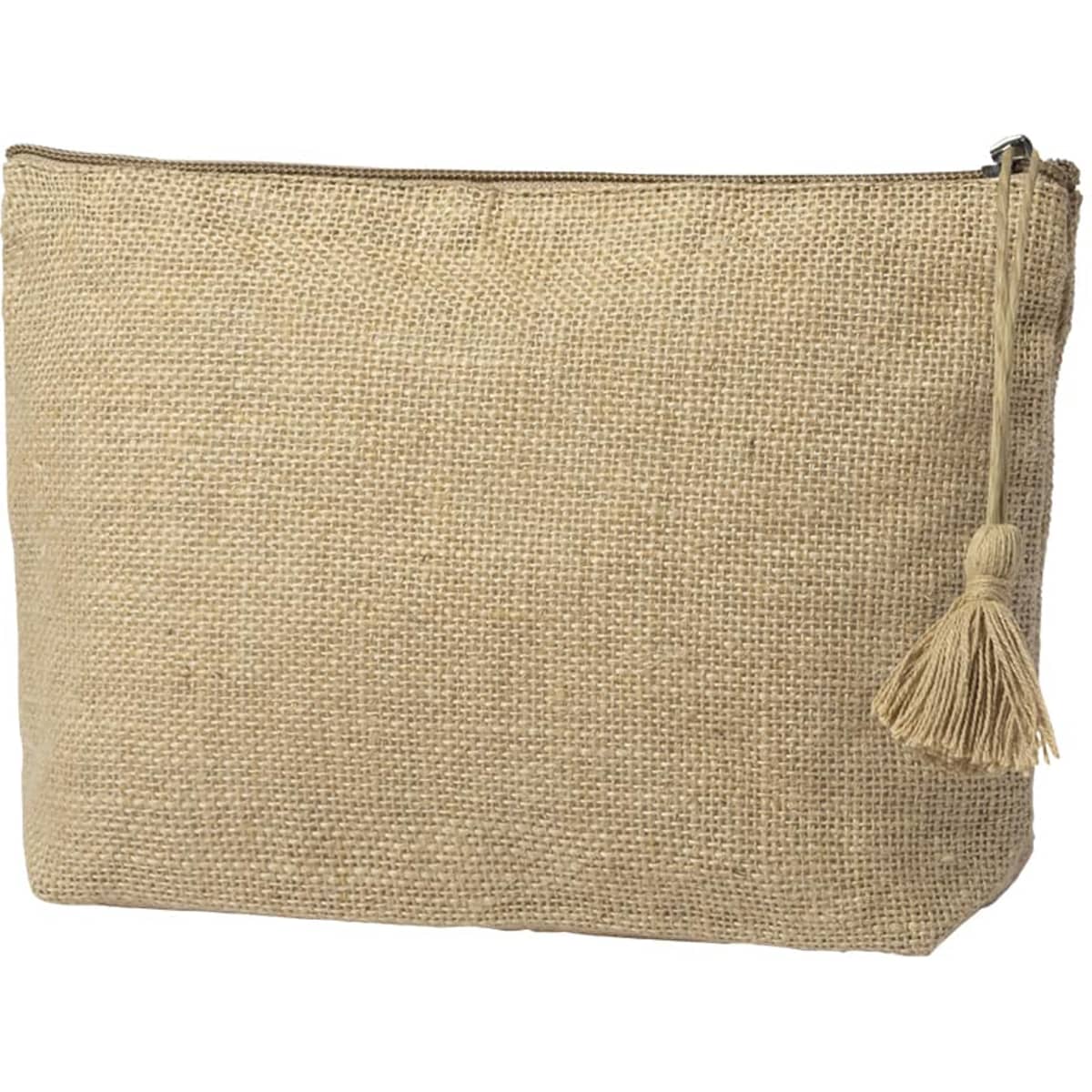 A natural jute toiletry bag with a zip closure and a decorative tassel. The bag is in a tan colour.