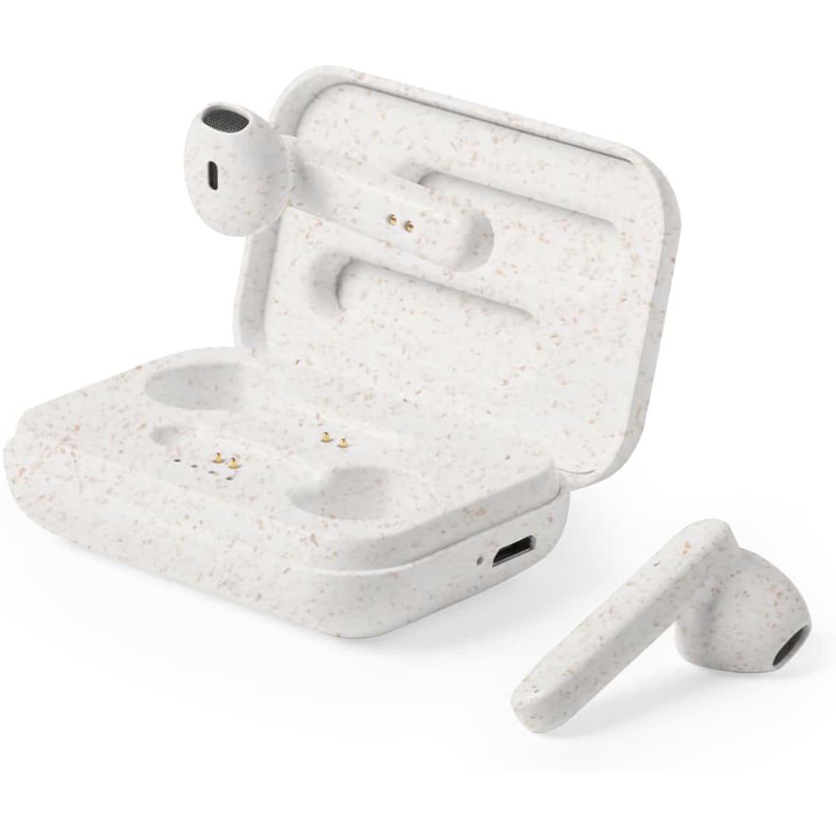 A pair of white earbuds in a matching case, designed with a speckled finish and featuring a logo.