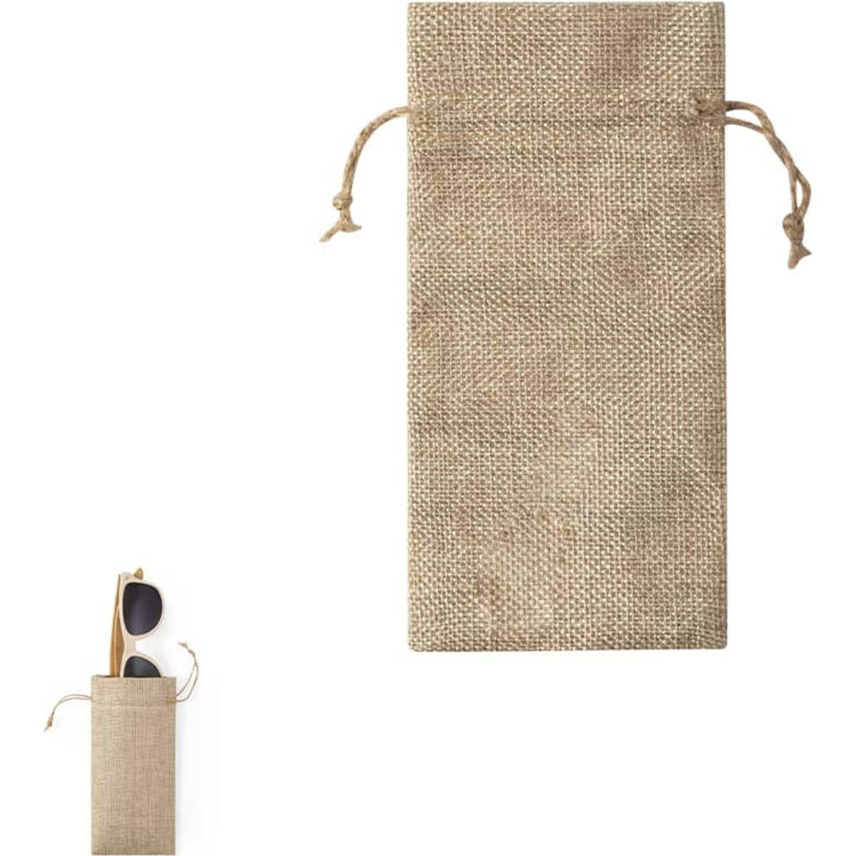 A natural hessian drawstring pouch with a pair of sunglasses partially visible inside. It features a logo.