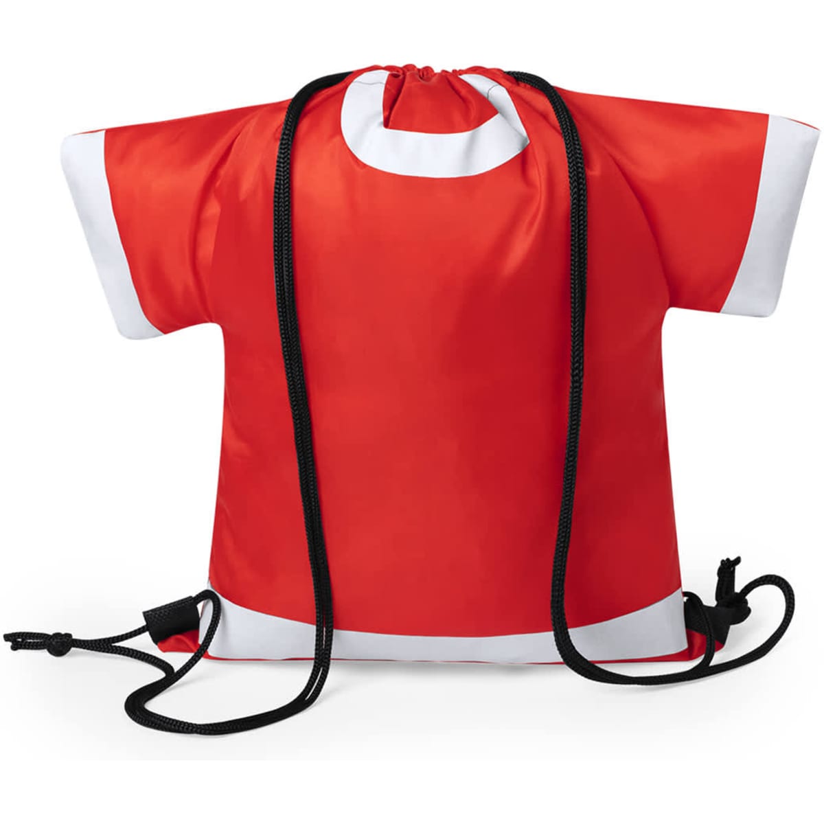 A red drawstring bag shaped like a t-shirt, featuring white accents and black drawstrings. It has a logo present.