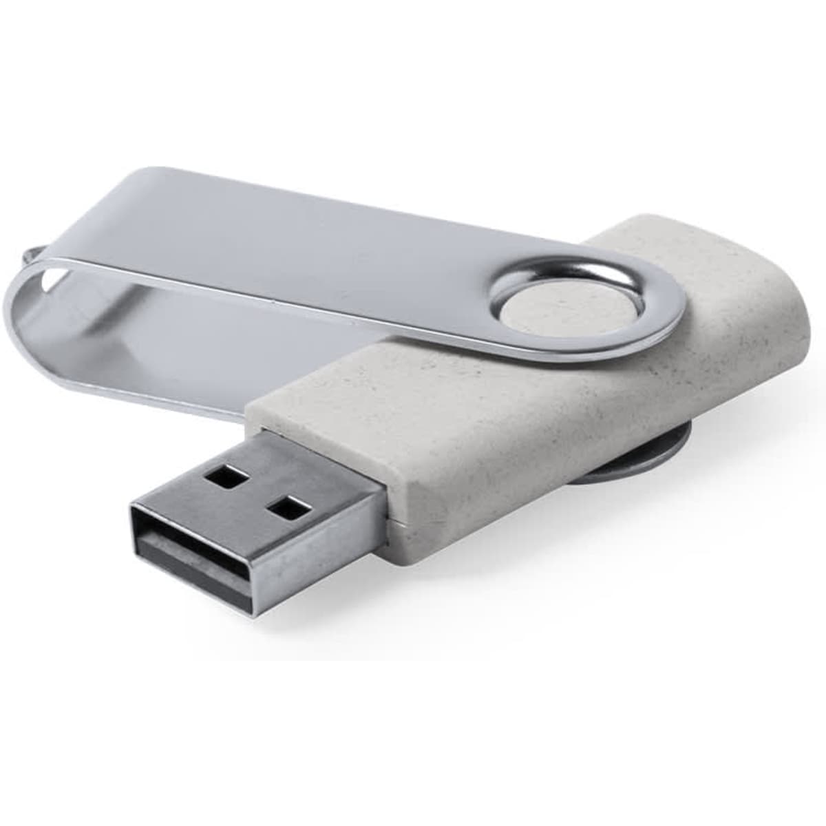 A grey and silver Mozil 16GB USB drive with a swivel design and branding.