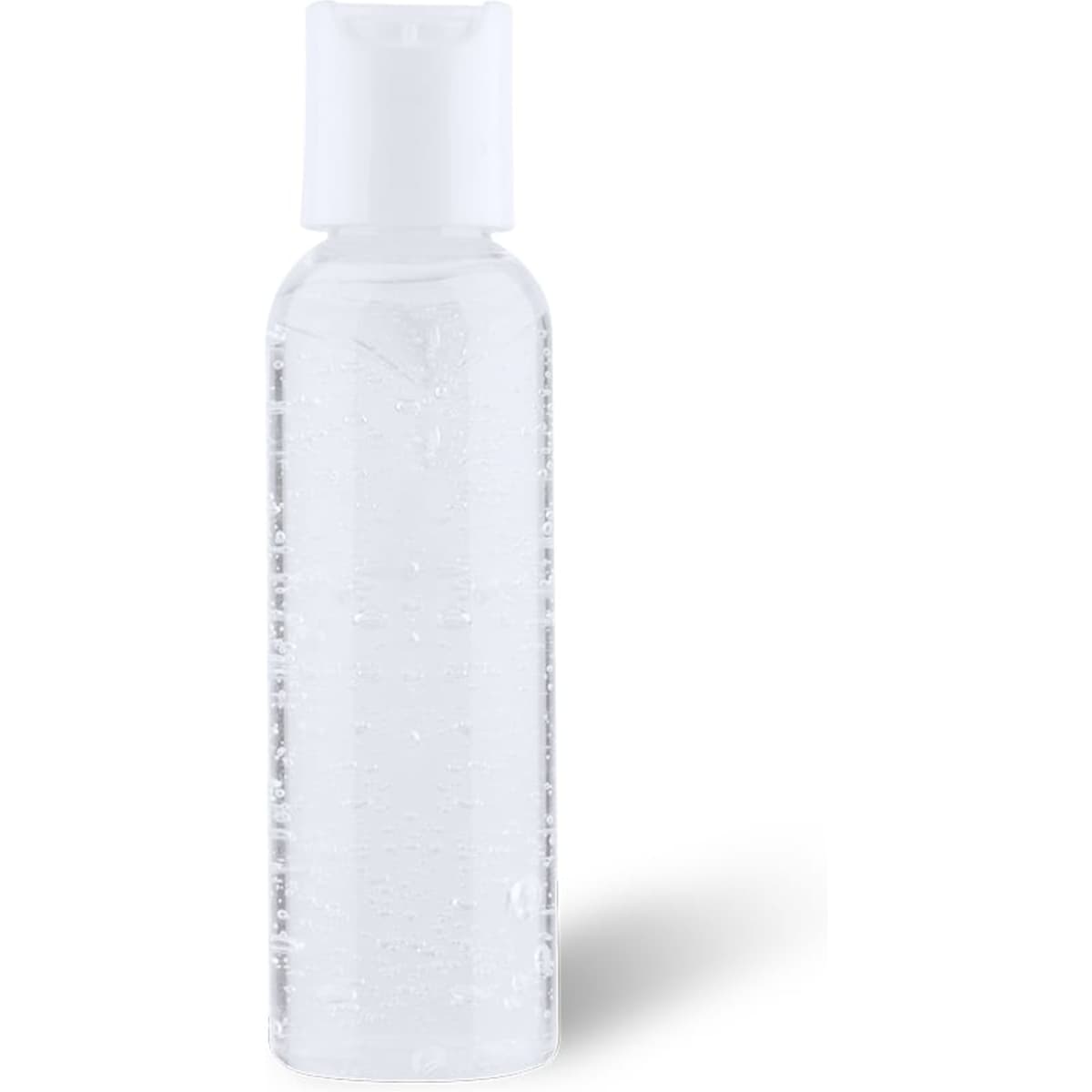A clear hand sanitiser bottle with a white lid, featuring a smooth surface and a simple design.