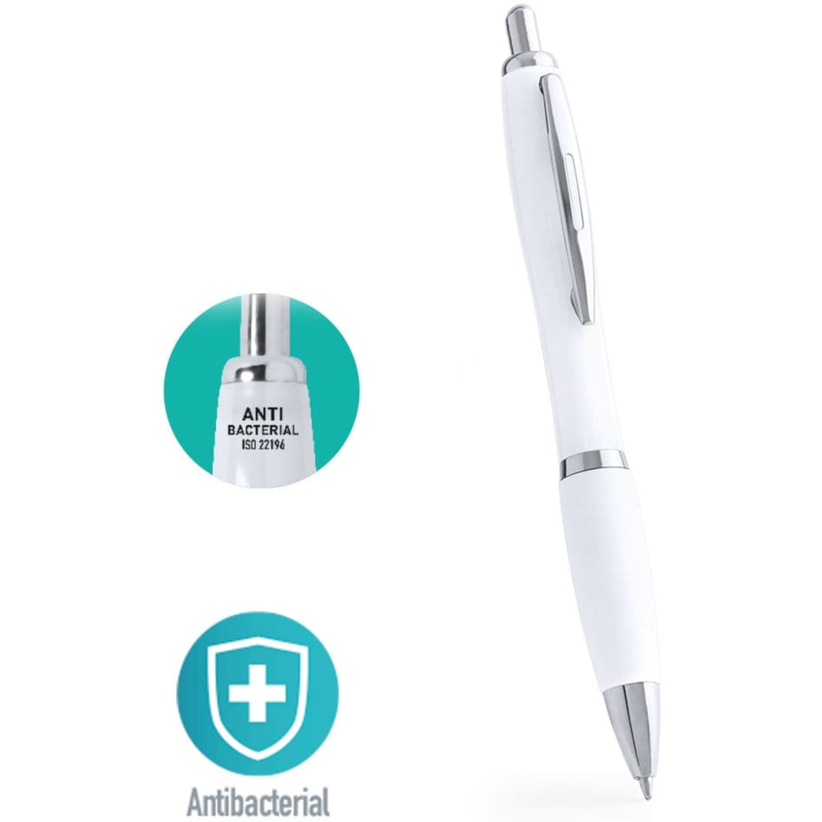A white antibacterial pen with a silver accent and a logo, designed for hygienic writing.