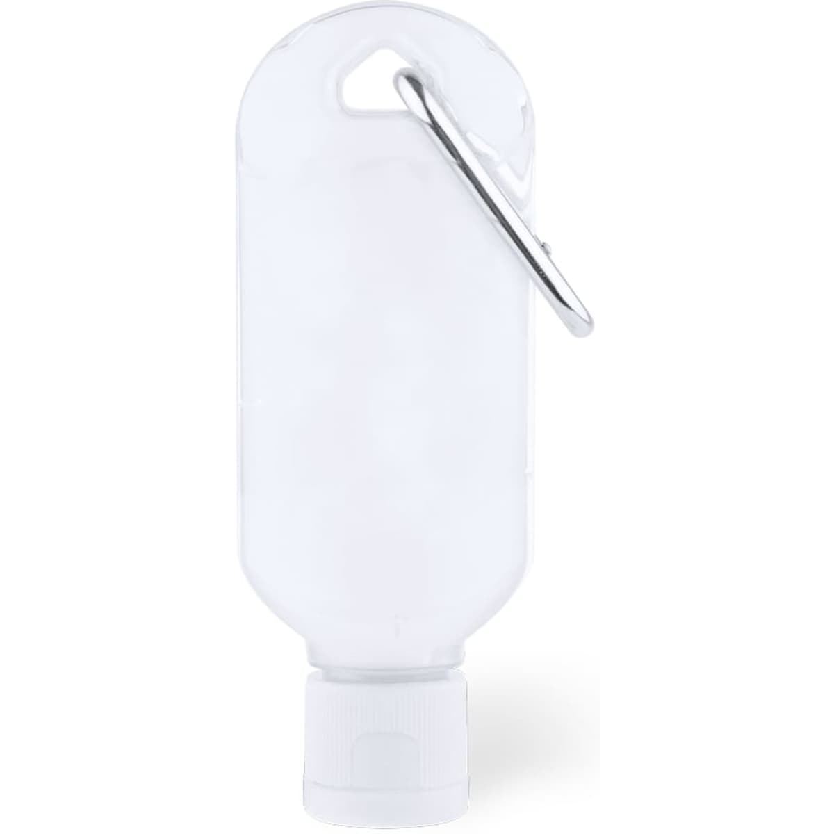 A clear, squeeze bottle with a white cap and a silver carabiner for easy attachment.