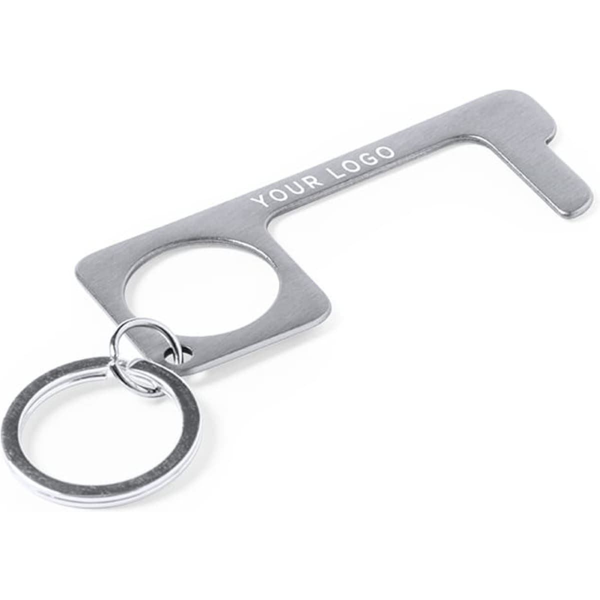 A silver keyring shaped like a tool with a ring attachment and a space for a logo.