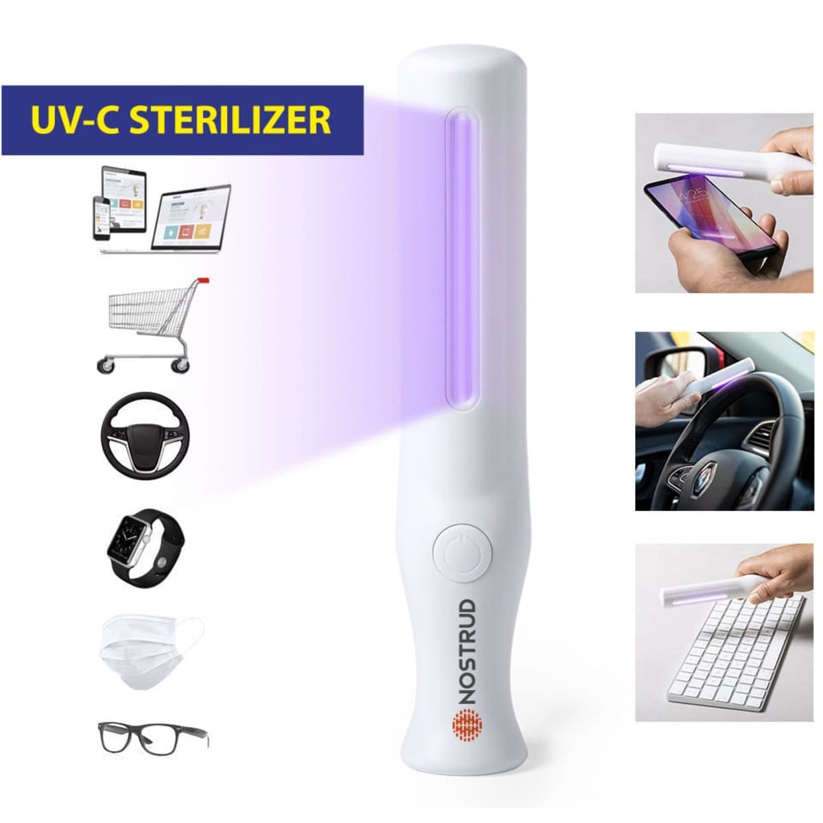 A UV sterilizer lamp in white, emitting a purple light, with a logo and images of various items around it.