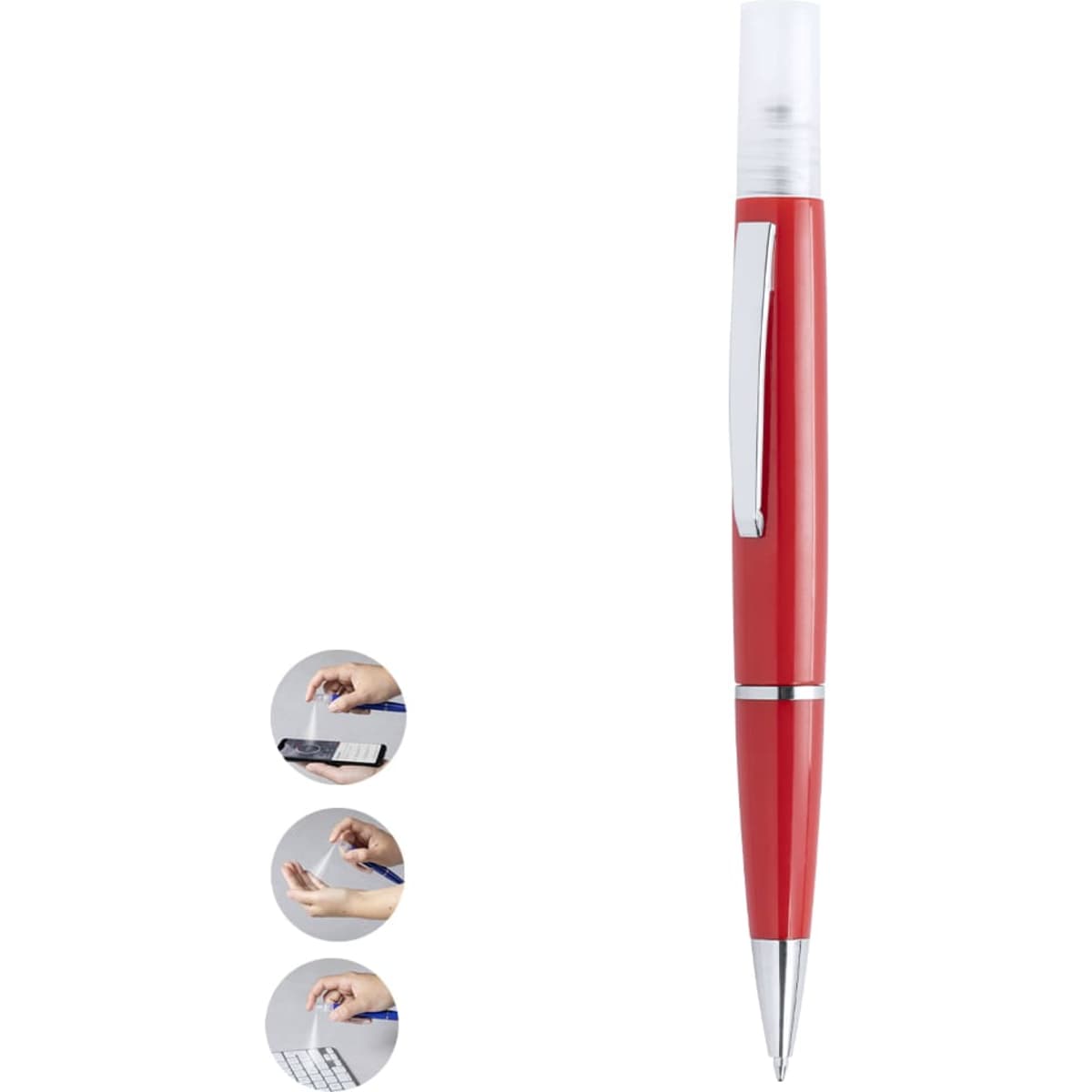 A red pen with a transparent cap and a silver clip, featuring a logo on its body.