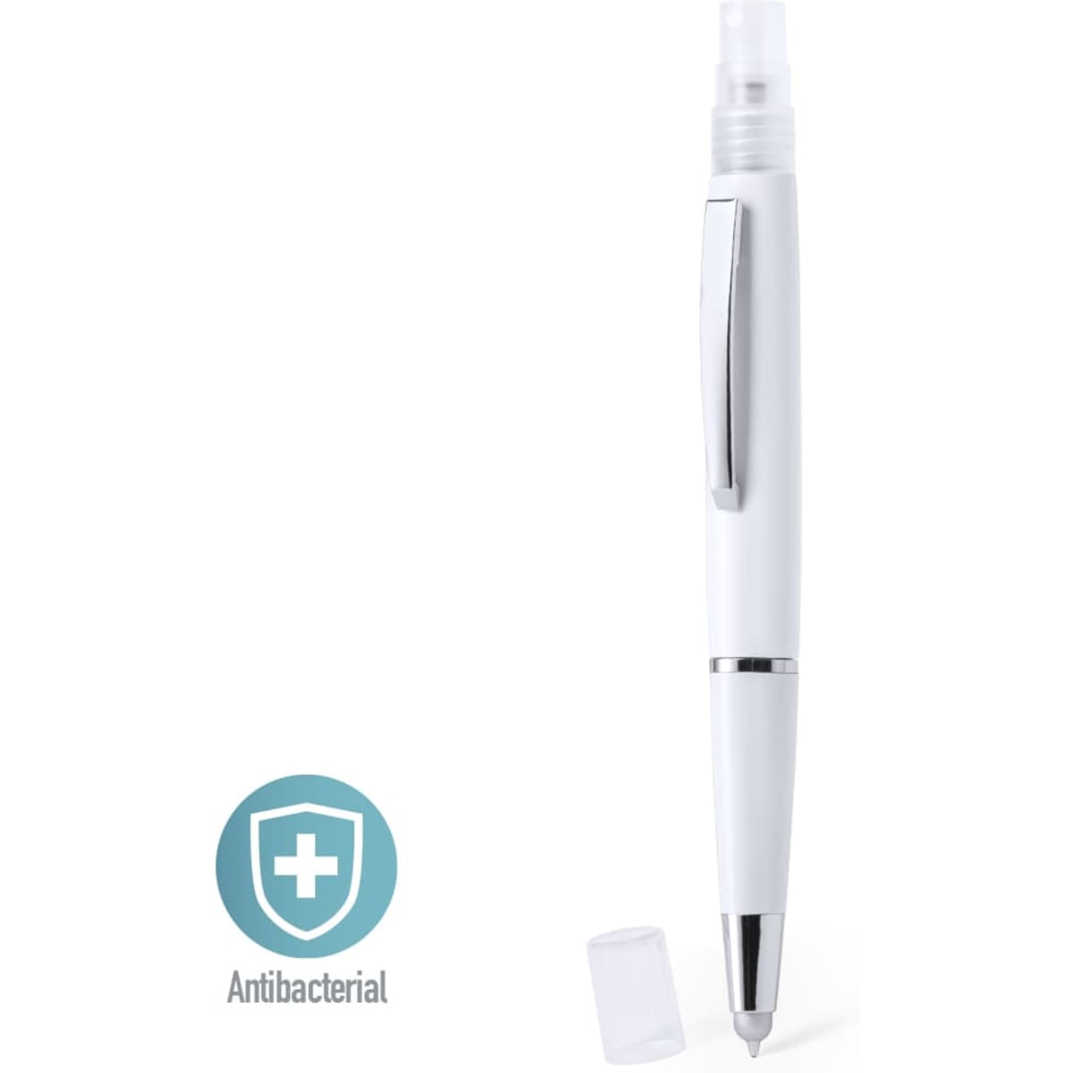 A white antibacterial pen with a silver clip and a removable cap. The pen is sleek and modern in design.