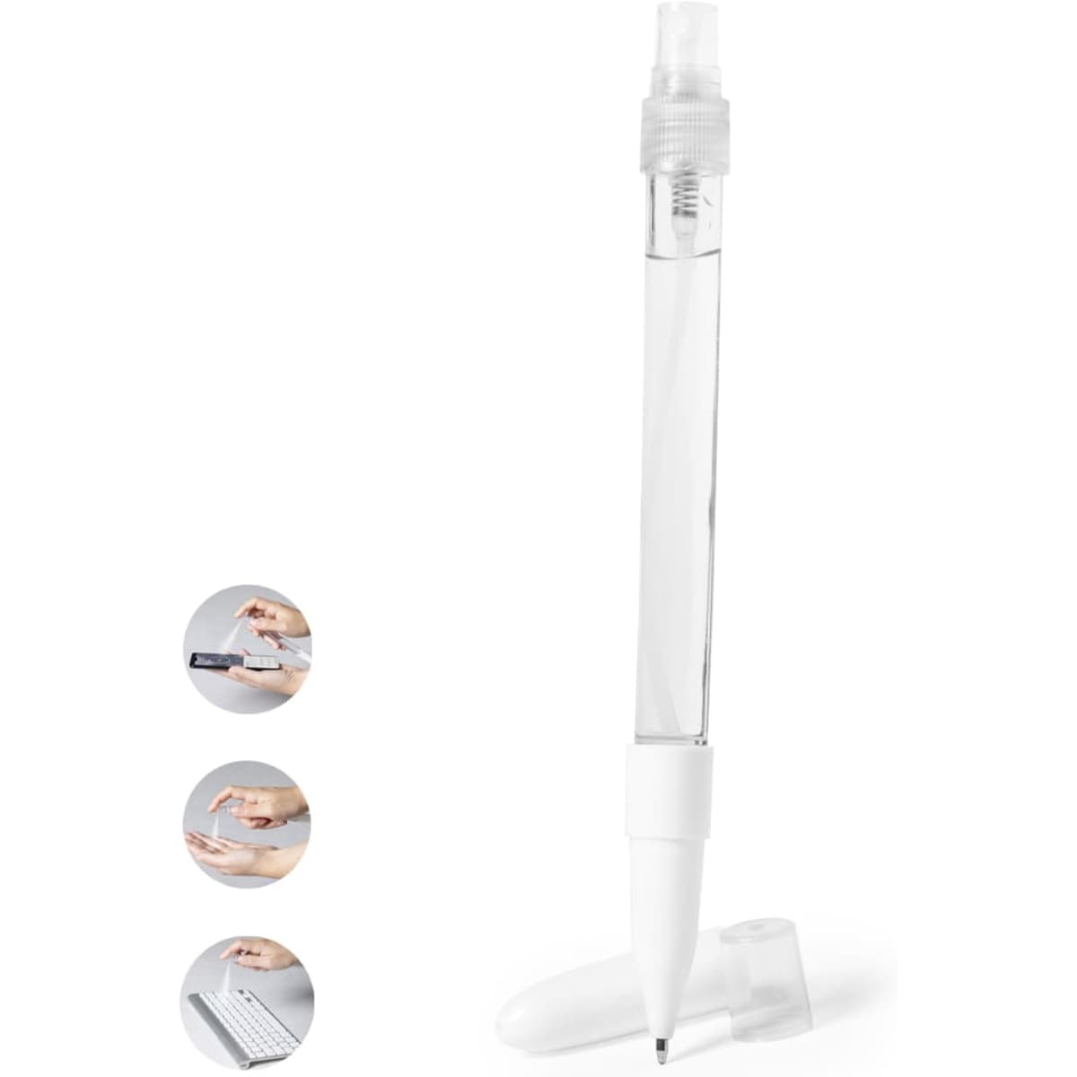 A clear pen with a white cap and grip, featuring a branding logo. The pen has a transparent barrel.