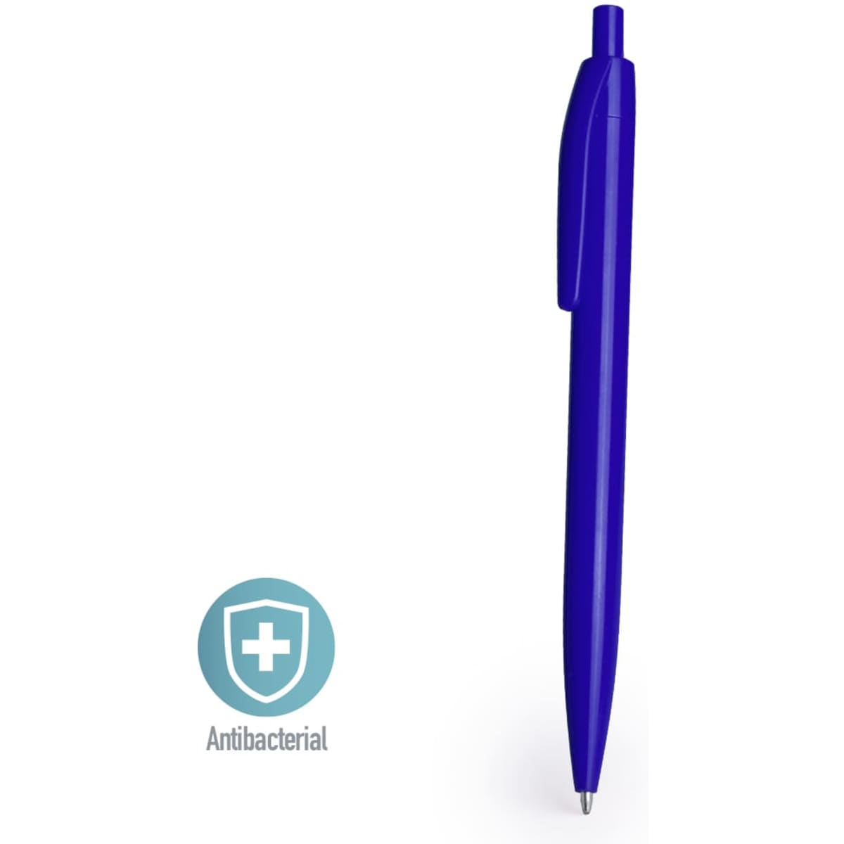 A blue plastic pen with a smooth finish and an antibacterial feature. The pen has a logo on it.