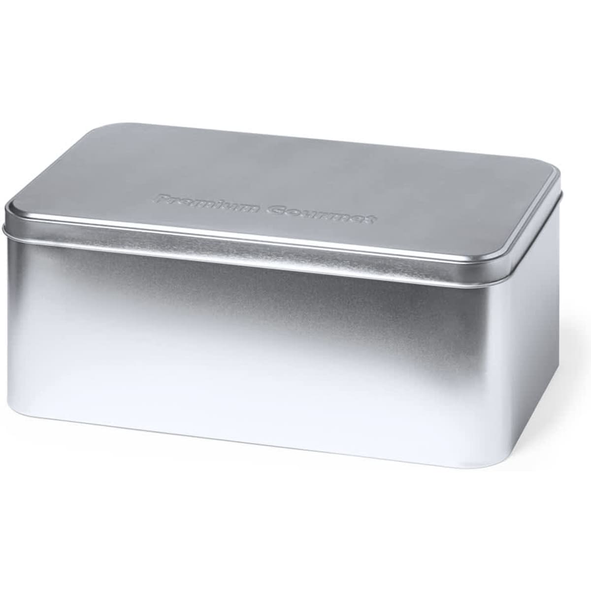 A silver tin container with a smooth finish and a lid, featuring a logo on the top.