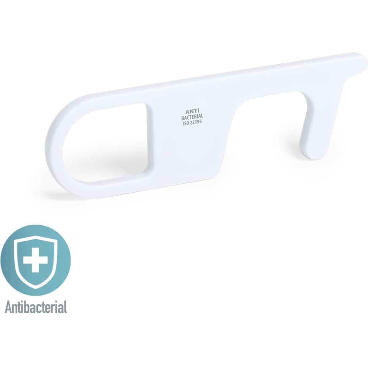 A white antibacterial keyring tool with a looped handle and a flat end, featuring a logo.