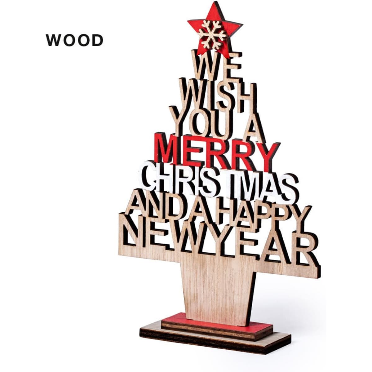 A decorative wooden Christmas tree with red and natural wood finishes, featuring festive messages.