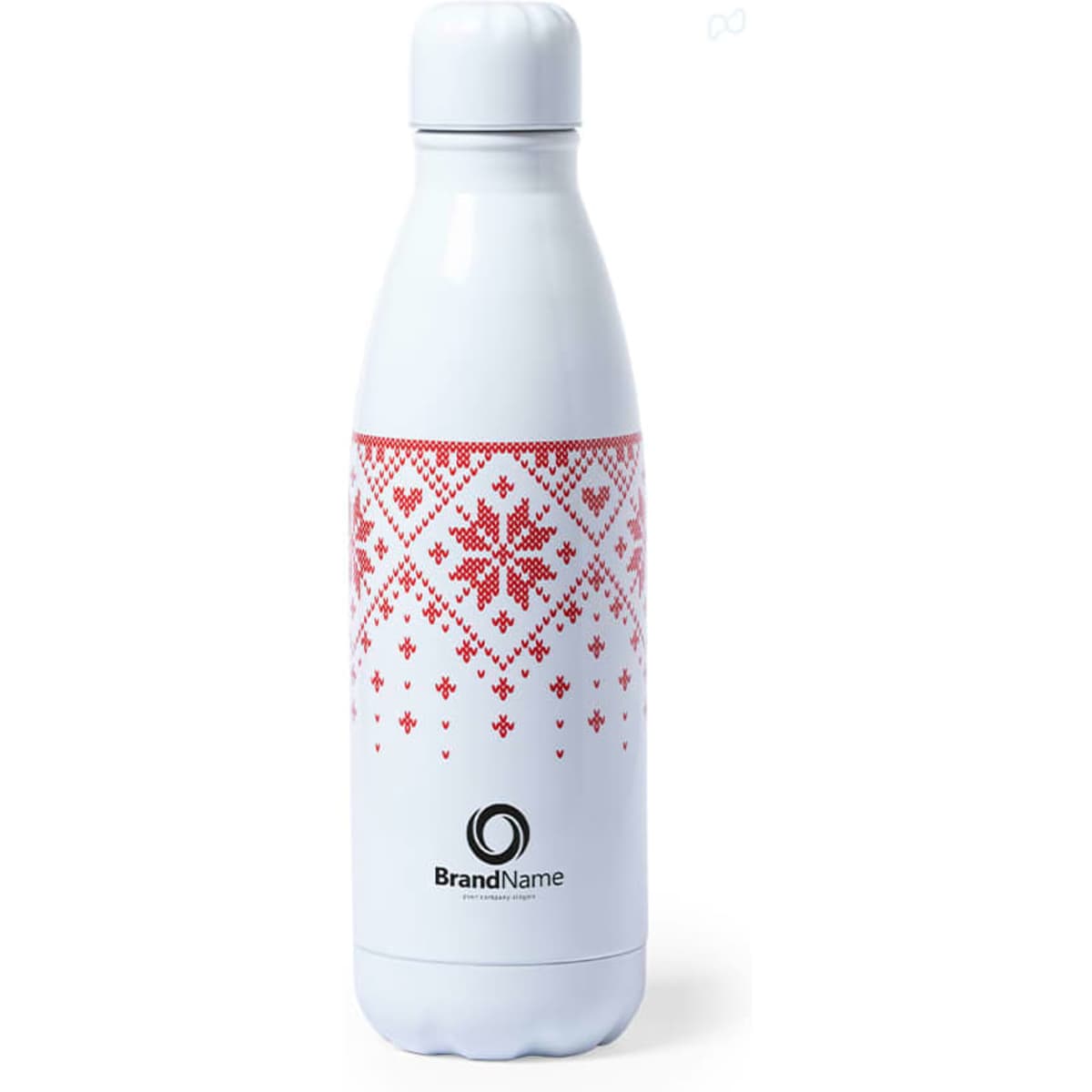 A drink bottle featuring a white finish with a red decorative pattern and a logo.