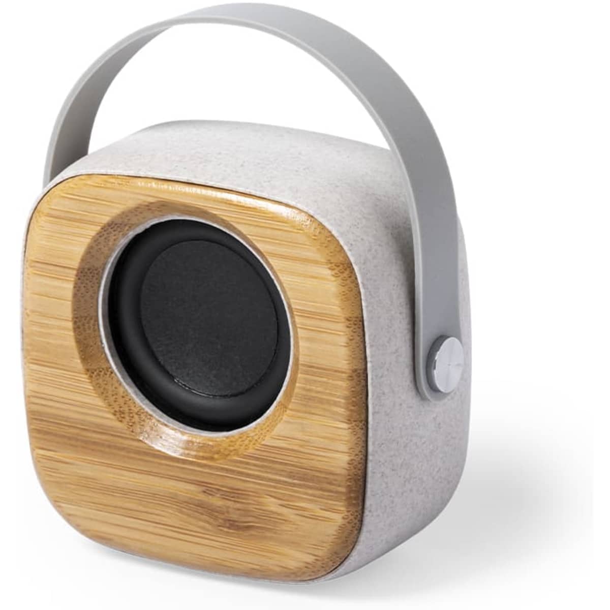 A compact grey Bluetooth speaker with a wooden front and a grey handle for easy carrying. Includes a logo.