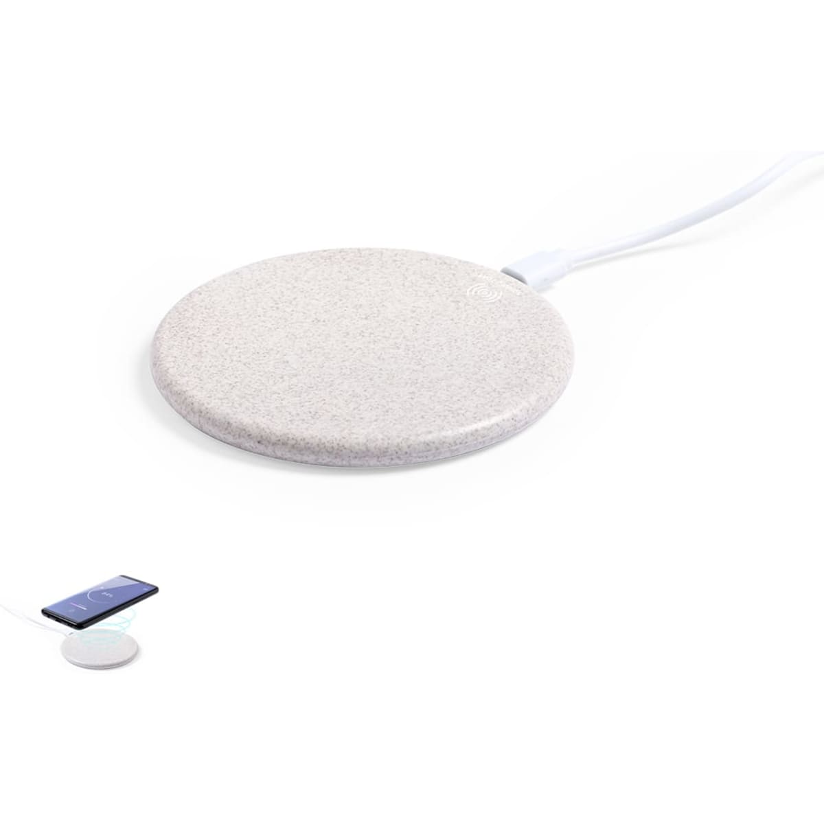 A round, light grey wireless charger with a cable attached, designed for charging devices. It features a branding logo.