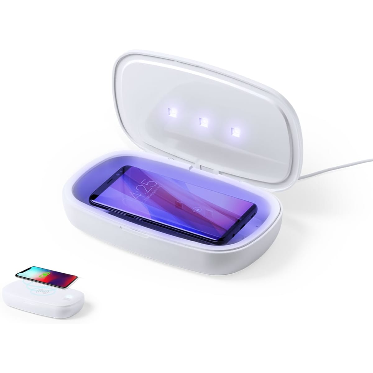 A wireless charger in white with an open lid, displaying a phone and LED lights inside. It features a logo.