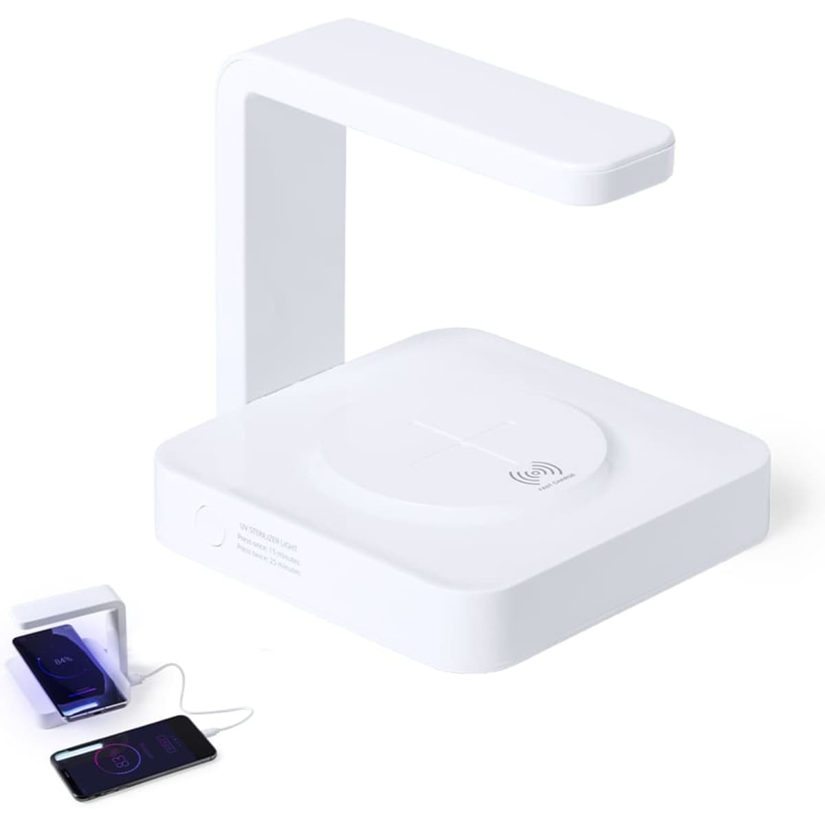 A white wireless charger with a sleek design, featuring a curved arm and a round charging pad.