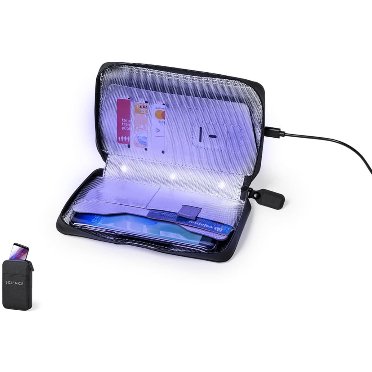 A black tech organiser with internal LED lights, containing cards and electronic devices, including a charger.