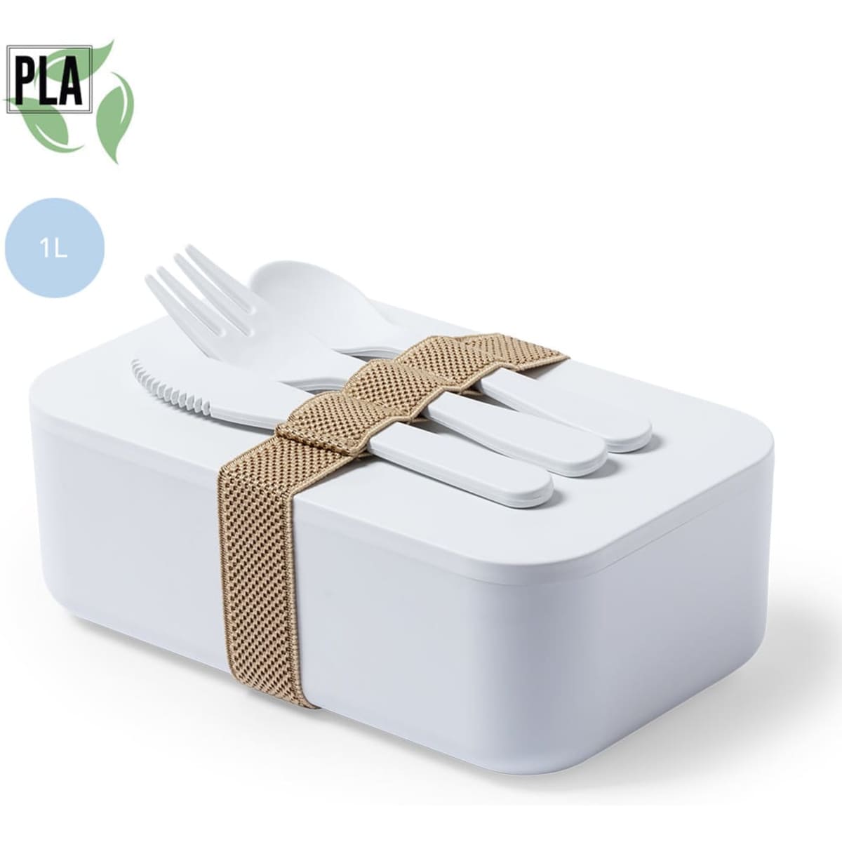A white lunch box with a tan strap, containing cutlery, featuring a logo and made of PLA material.