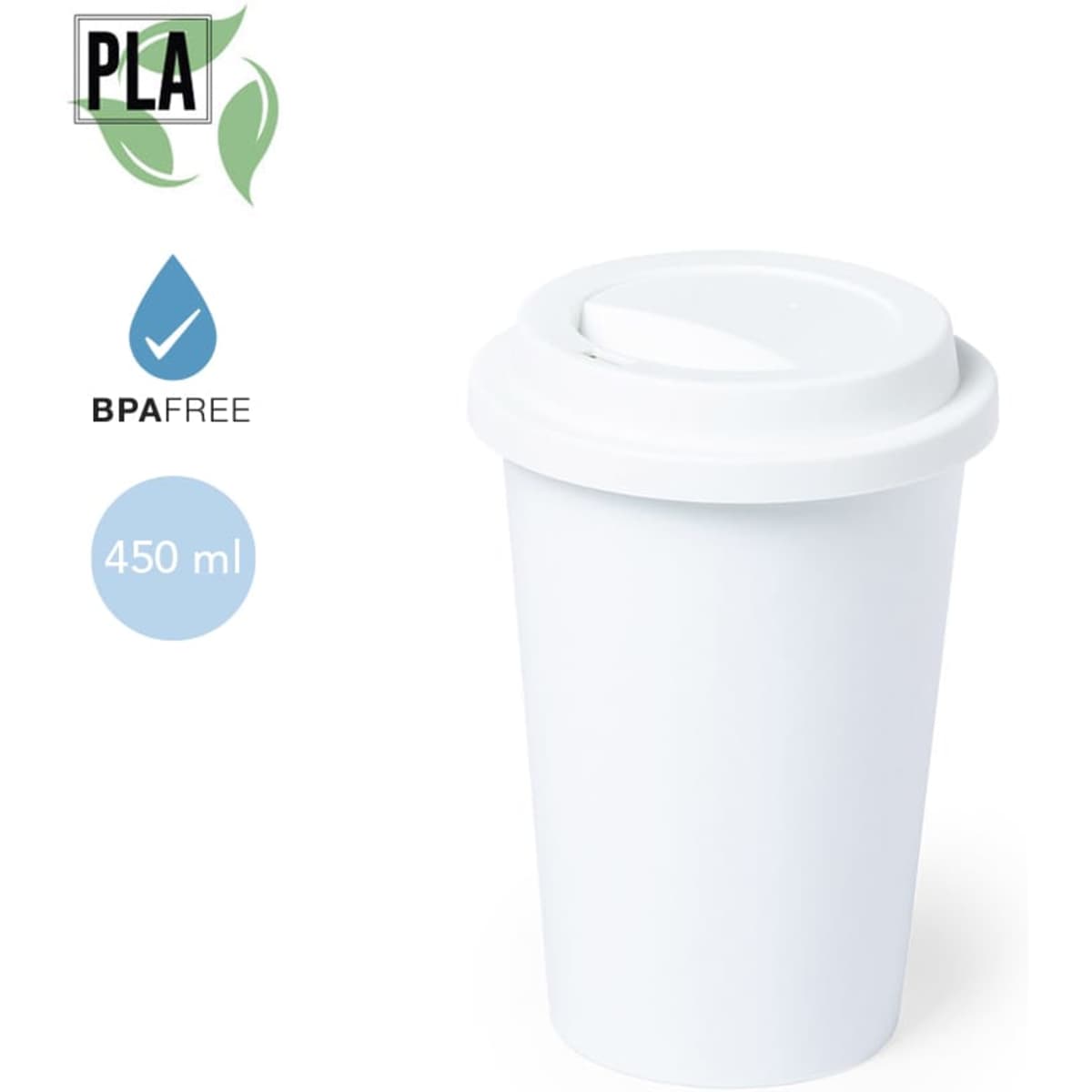A white plastic cup with a lid, featuring a logo, holding 450 ml and marked as BPA free.