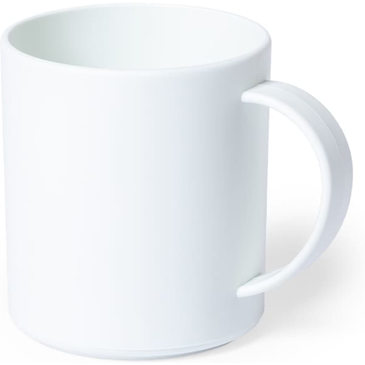 A white coffee mug with a round body and a curved handle, featuring a smooth surface and an attached logo.