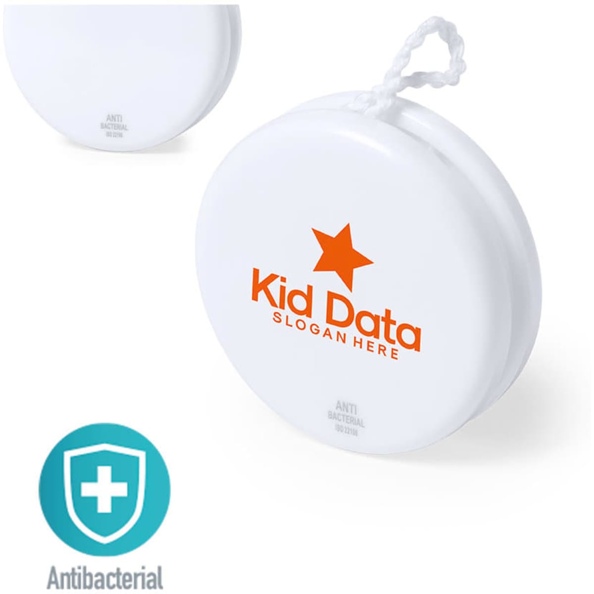 A white antibacterial yoyo with a logo and a hanging string. It features a smooth, rounded design.