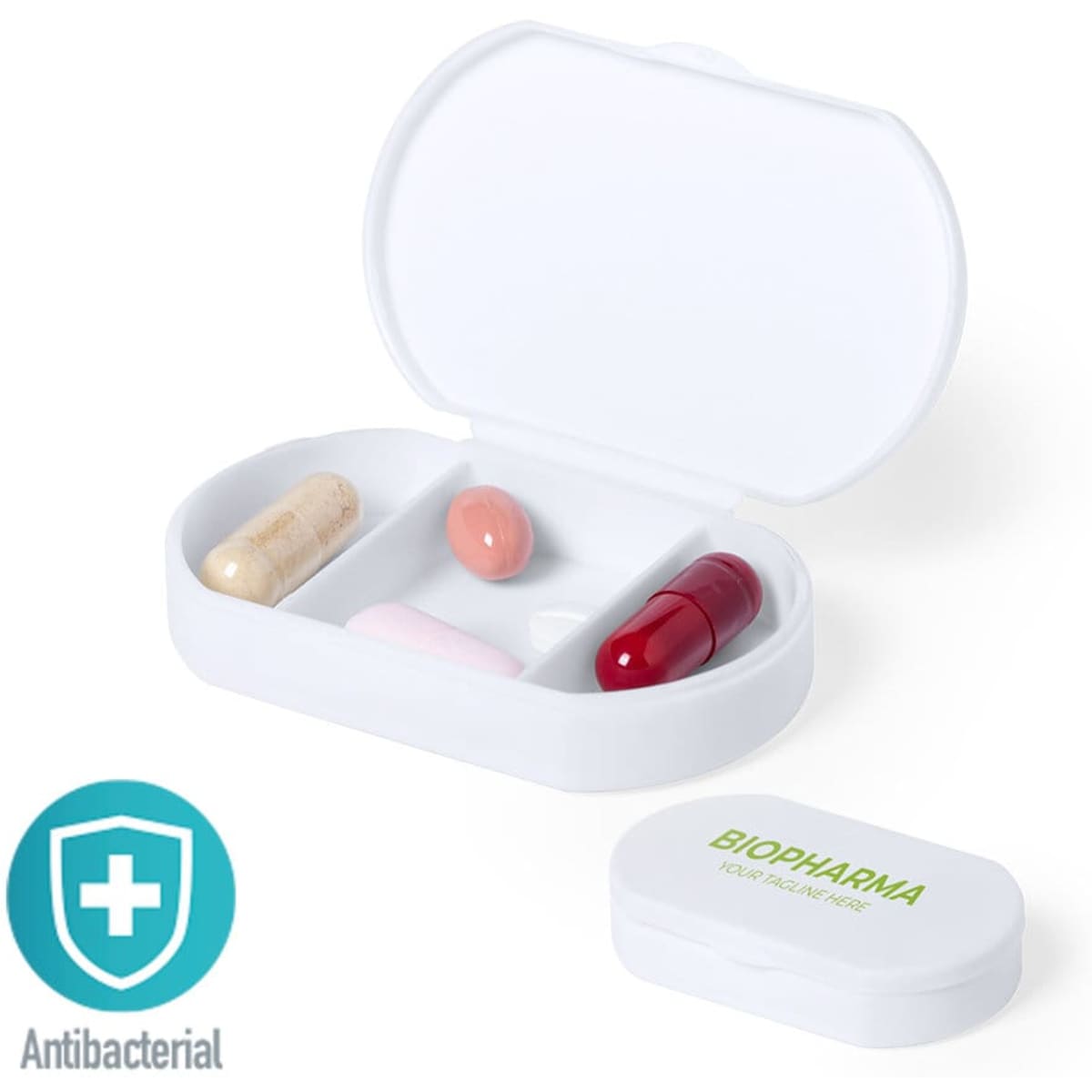 A white antibacterial pillbox featuring four different coloured capsules inside. It has a logo prominently displayed.