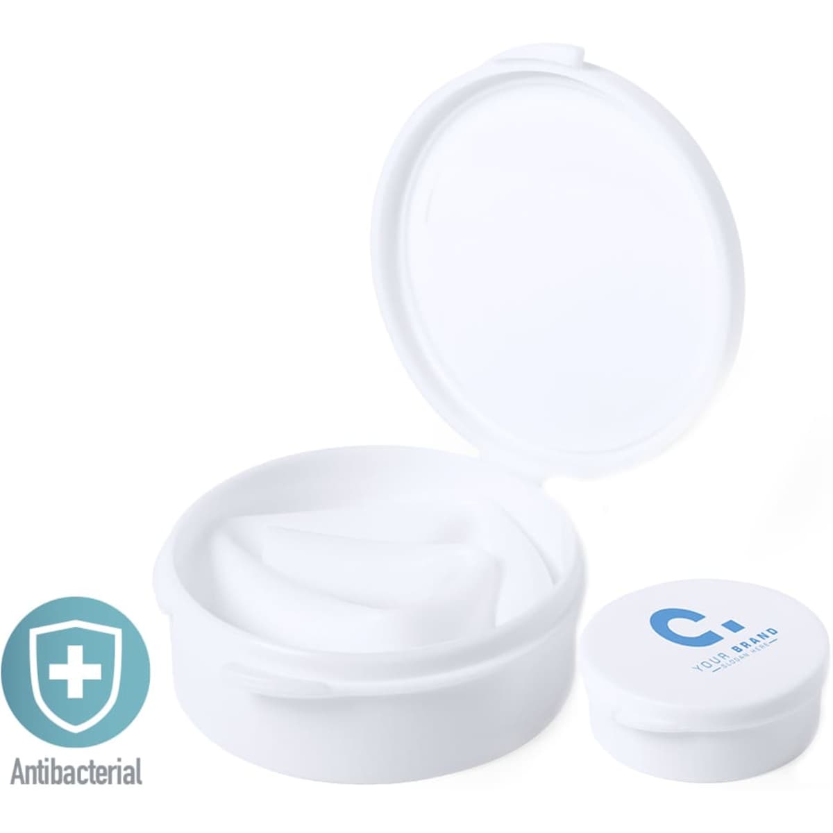 A white container with a hinged lid, featuring antibacterial properties, and an interior compartment. It has a logo.
