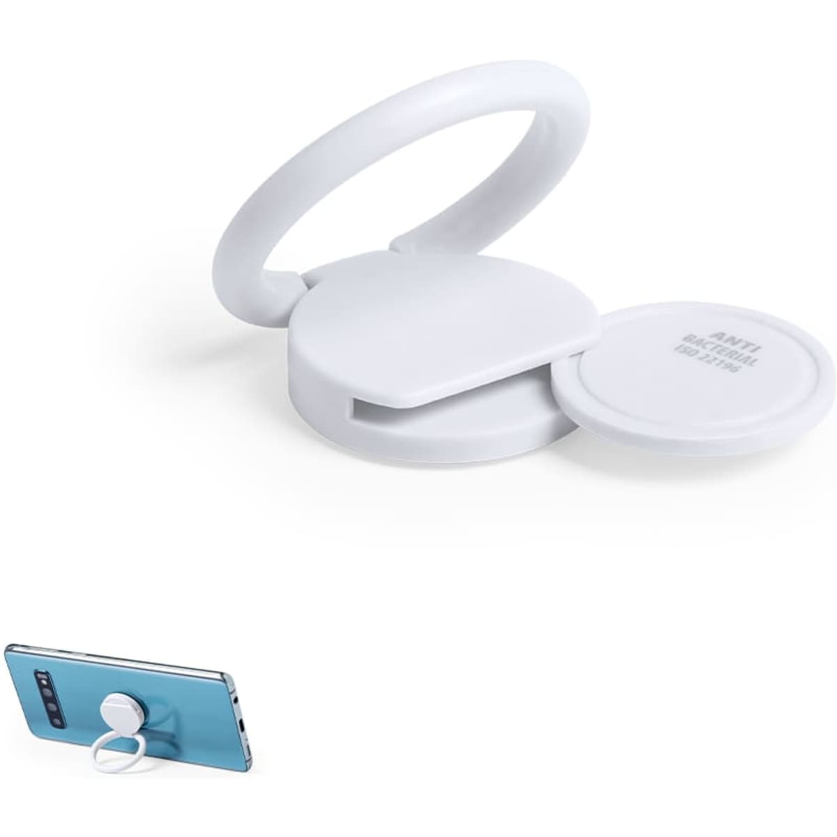 A white phone stand with a circular base and a ring holder, designed for smartphones.