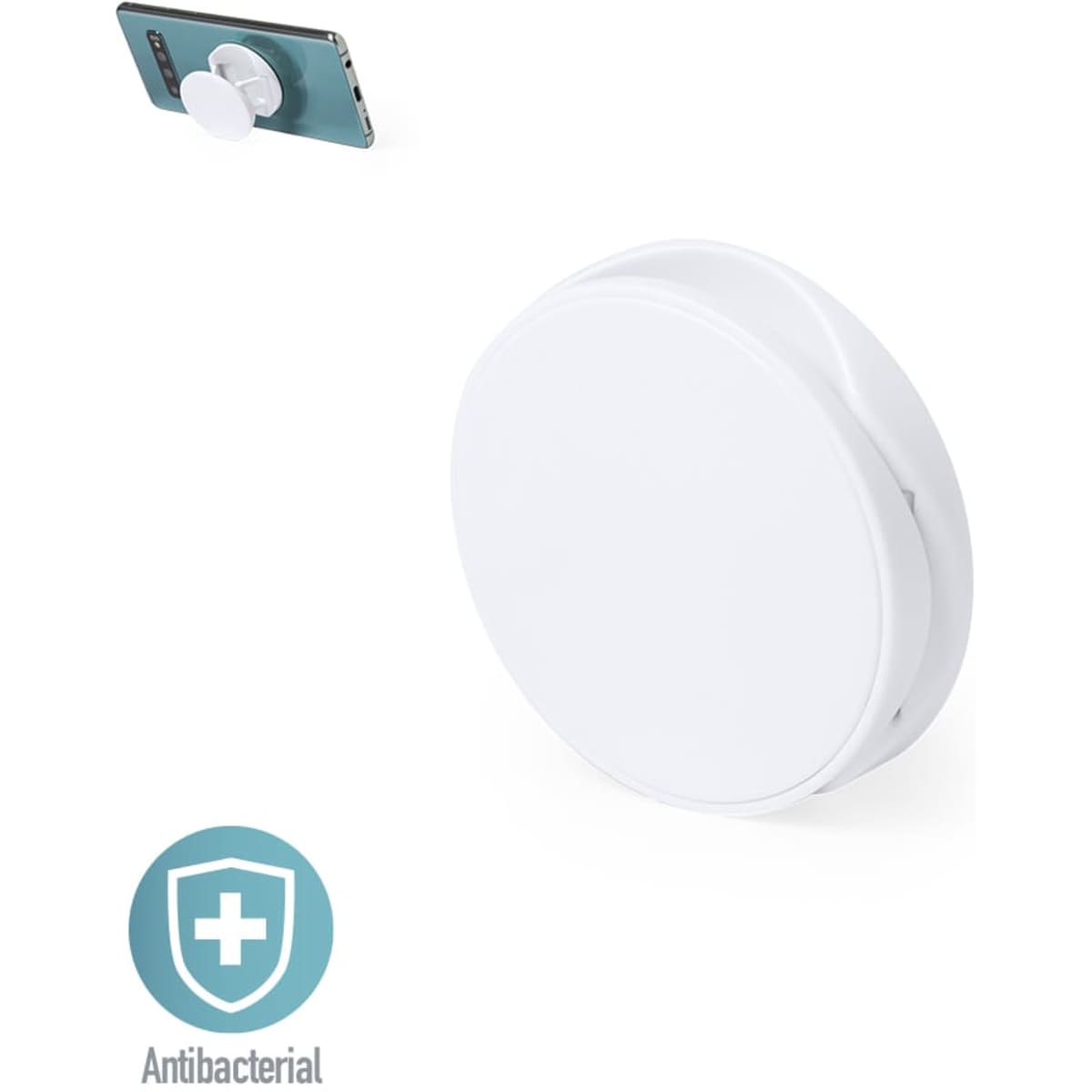 A white antibacterial phone holder with a circular design, positioned next to a smartphone.