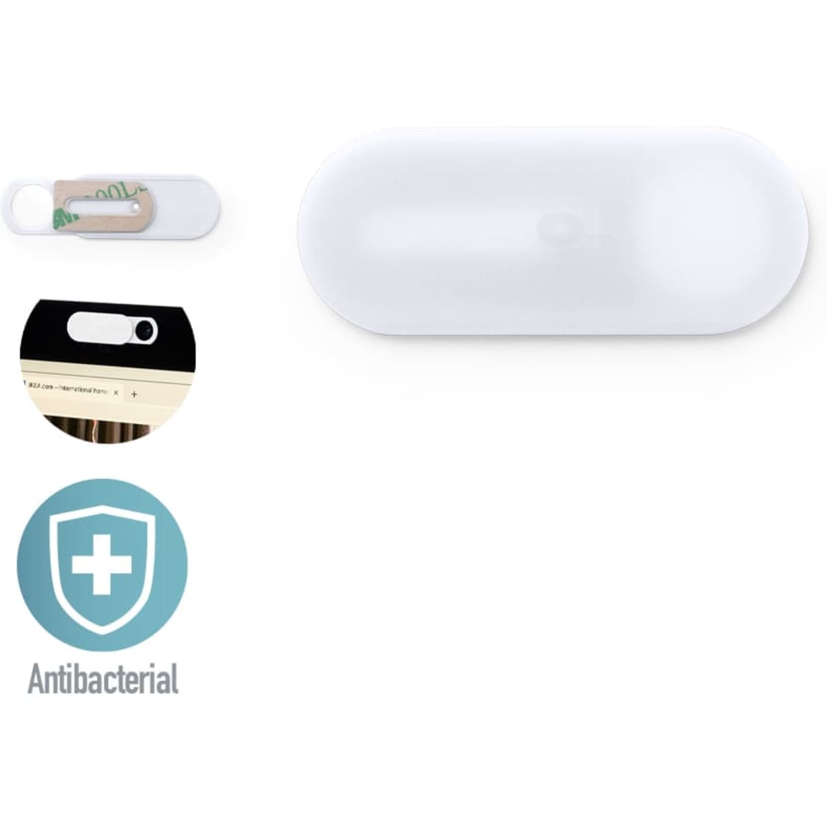 A white antibacterial phone accessory with a logo, featuring a recessed area for functionality.