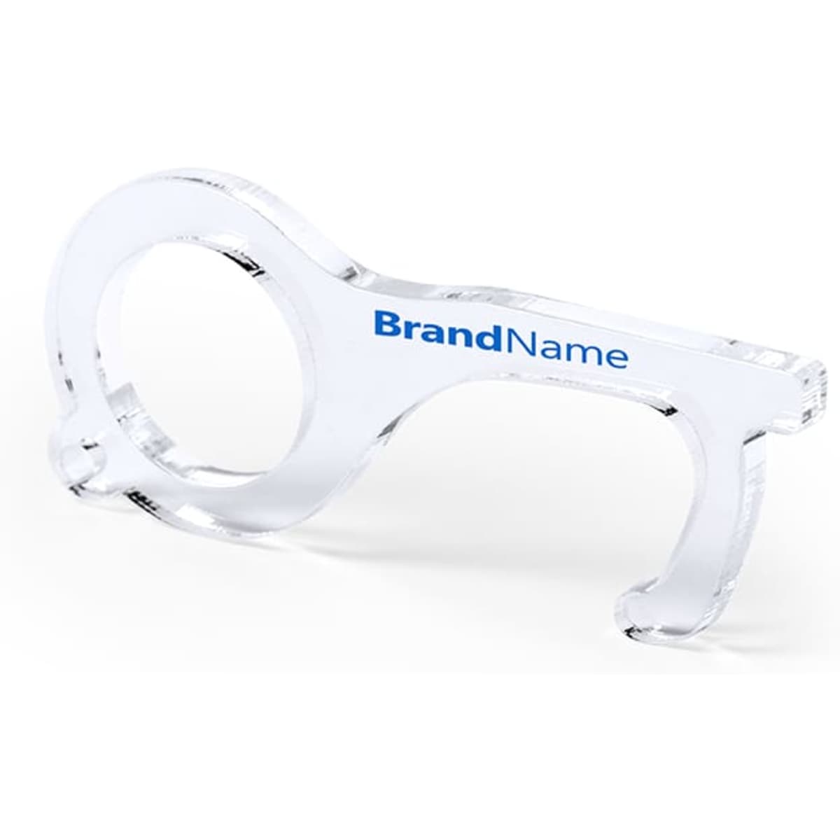 A transparent keyring tool shaped like a key, featuring a branding logo.