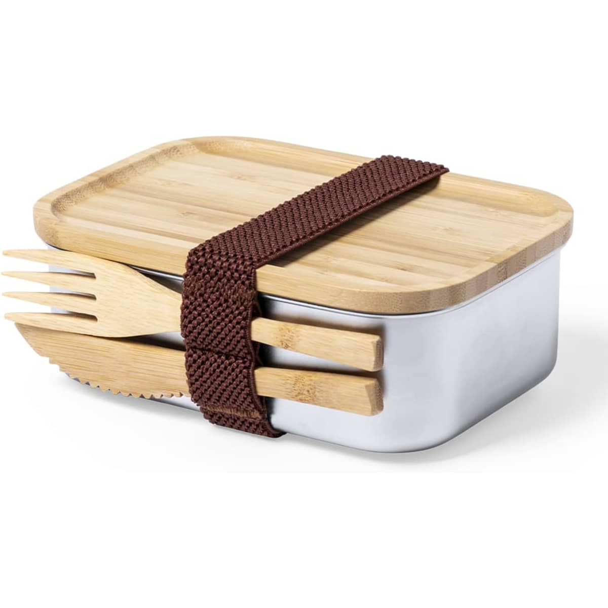 A stainless steel lunch box with a wooden lid, secured by a brown strap, includes bamboo utensils.